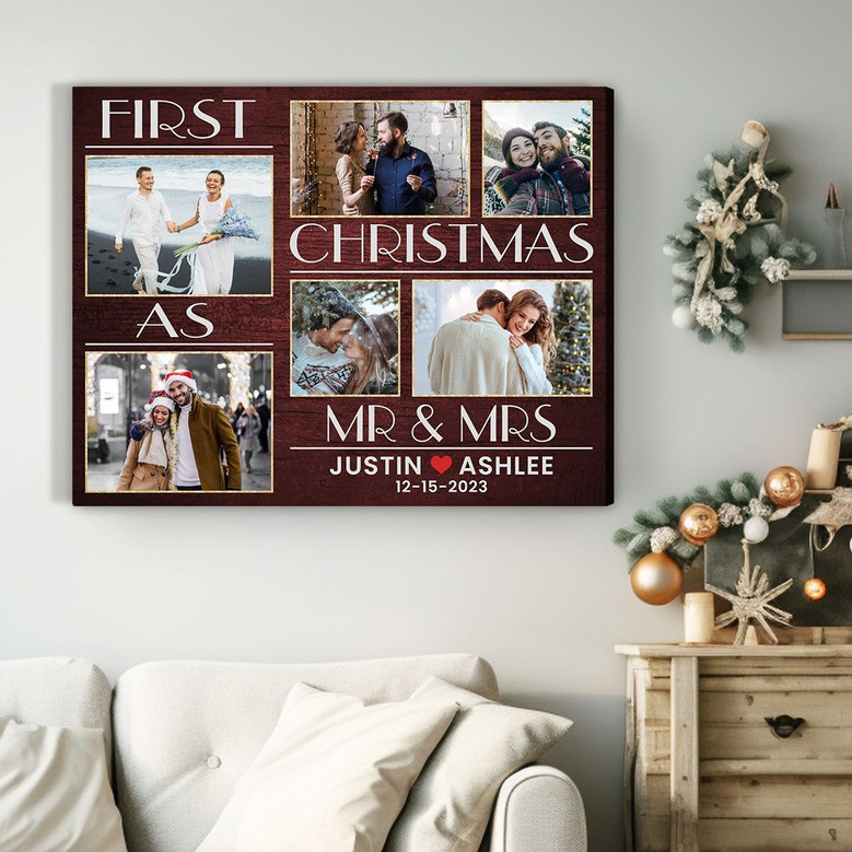 First Christmas as Mr Mrs Custom Gift for Newly Married Canvas Print