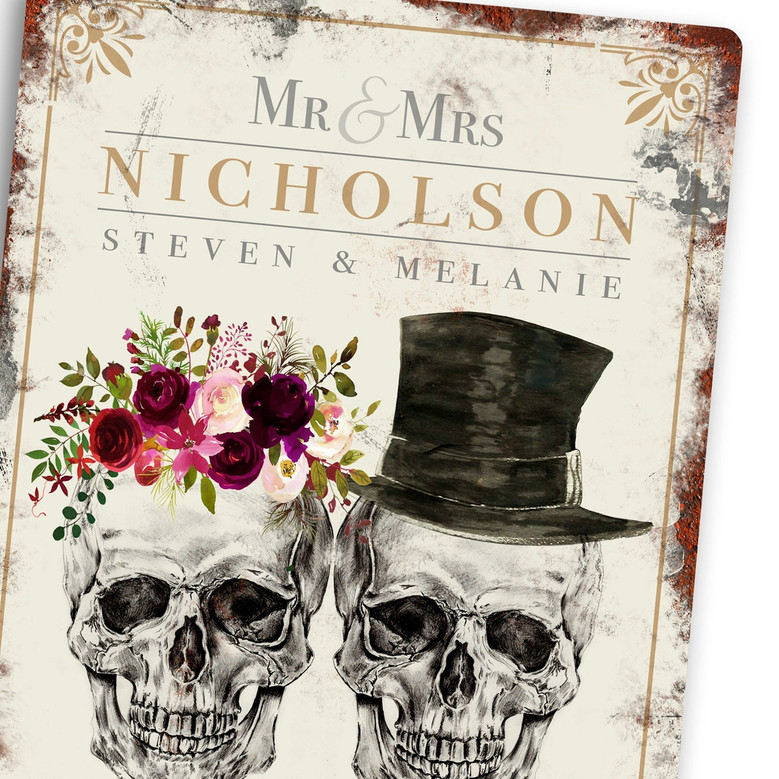 Personalised Wedding Sign Metal Wall Door Decor Gothic Skulls Bride Groom Home Decor