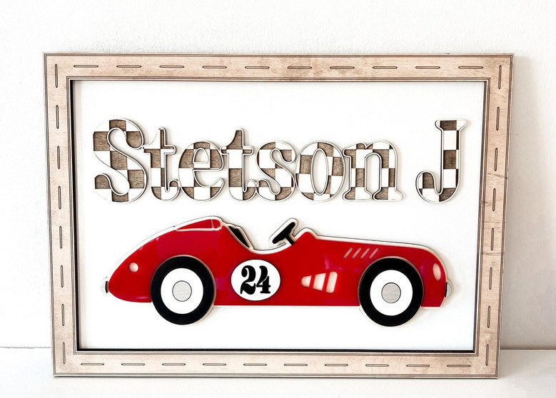 Race car wood sign, boho nursery decor with checkered alphabet and car motif, personalized toddler name, dark walnut finish