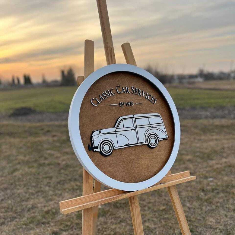 Car enthusiast wood sign for garage, personalized for dad with family name, Father’s Day gift, vintage script lettering