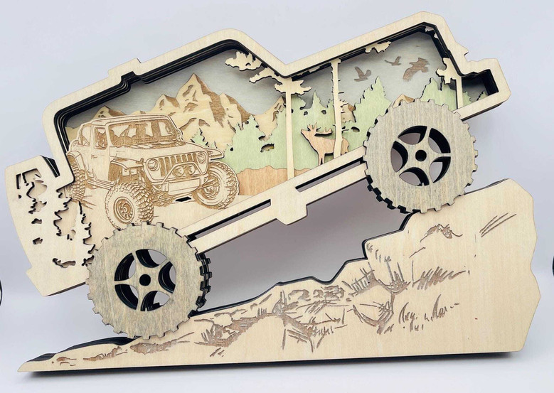 Off-road Jeep mountain scene wall art, 3D laser-cut layered silhouette with trail, pines, and peaks for car enthusiasts