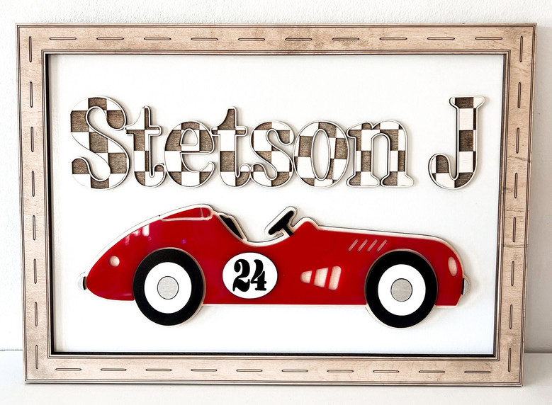 Customizable Race Car Wood Sign For Car Enthusiasts - Boho Nursery Decor With Checkered Alphabet Design