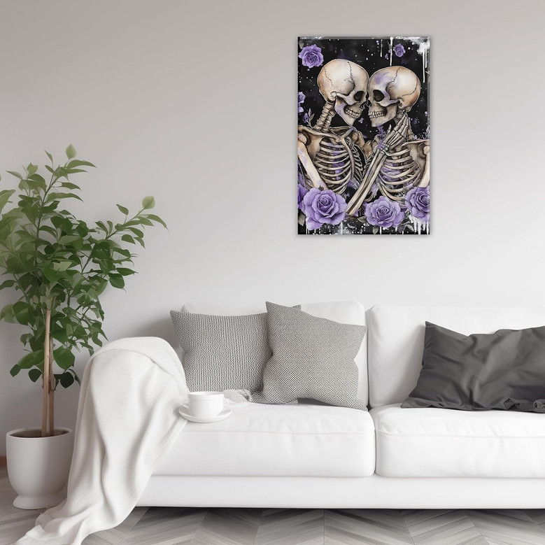 Abstract skeleton canvas wall art of a couple, personalized names and date, monochrome portrait, Halloween gift for couples