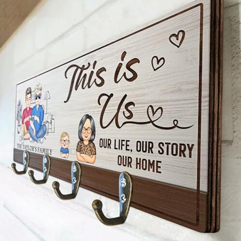 Personalized Family Cartoon Wooden Wall Key Holder For Couples - Home Sweet Home Decor Gift