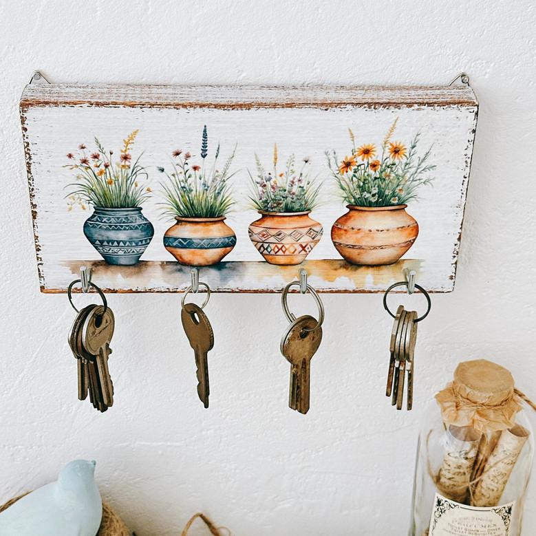 Rustic Garden-Themed Decorative Wall Key Holder With Flower Pots For Entryway