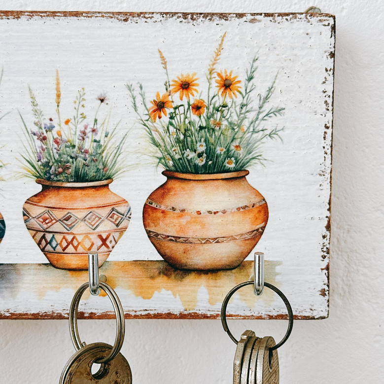 Rustic Garden-Themed Decorative Wall Key Holder With Flower Pots For Entryway