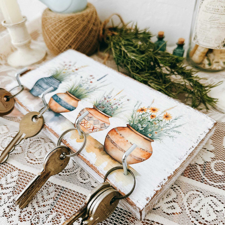 Rustic Garden-Themed Decorative Wall Key Holder With Flower Pots For Entryway