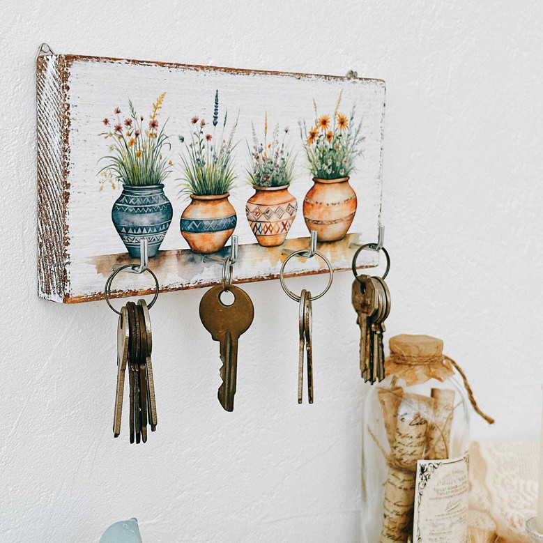 Rustic Garden-Themed Decorative Wall Key Holder With Flower Pots For Entryway