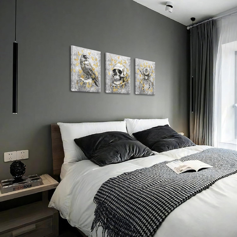 Gothic skeleton canvas wall art in black and white with gold butterflies, skull close-up, for spooky bedroom wall