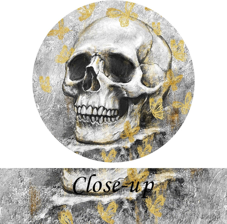 Gothic skeleton canvas wall art in black and white with gold butterflies, spooky vibe, Halloween gift for goth decor fans