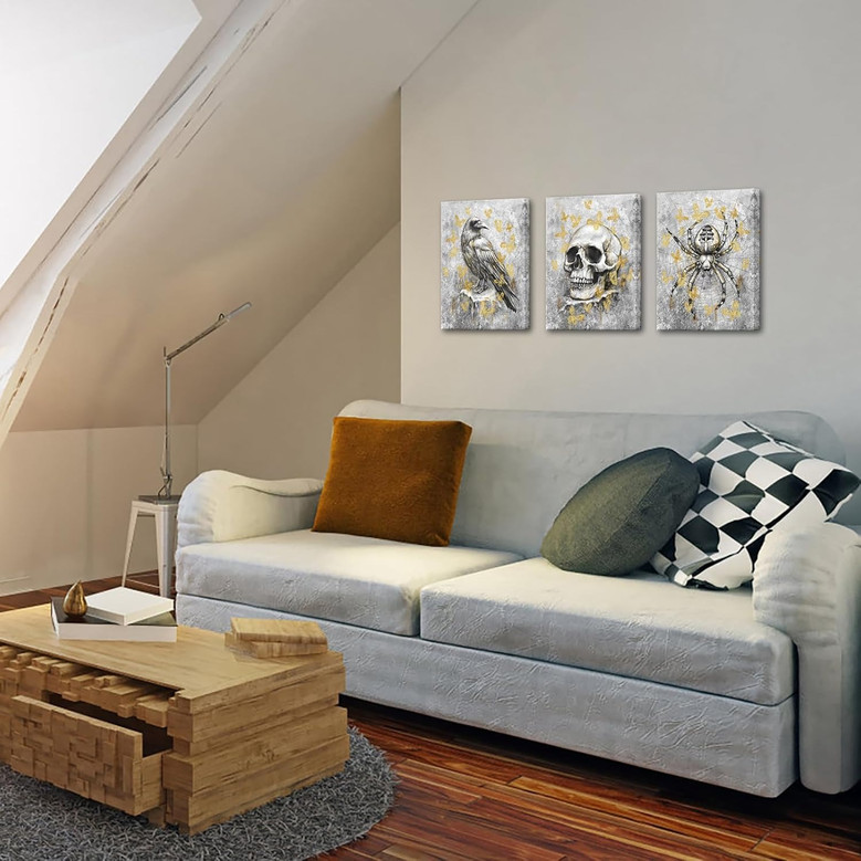 Gothic skeleton canvas wall art, black and white with gold butterflies, landscape layout accents spooky hallway or entryway