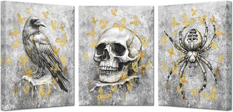 Gothic skeleton canvas wall art, black and white with gold butterflies, minimalist style for spooky home office gallery wall