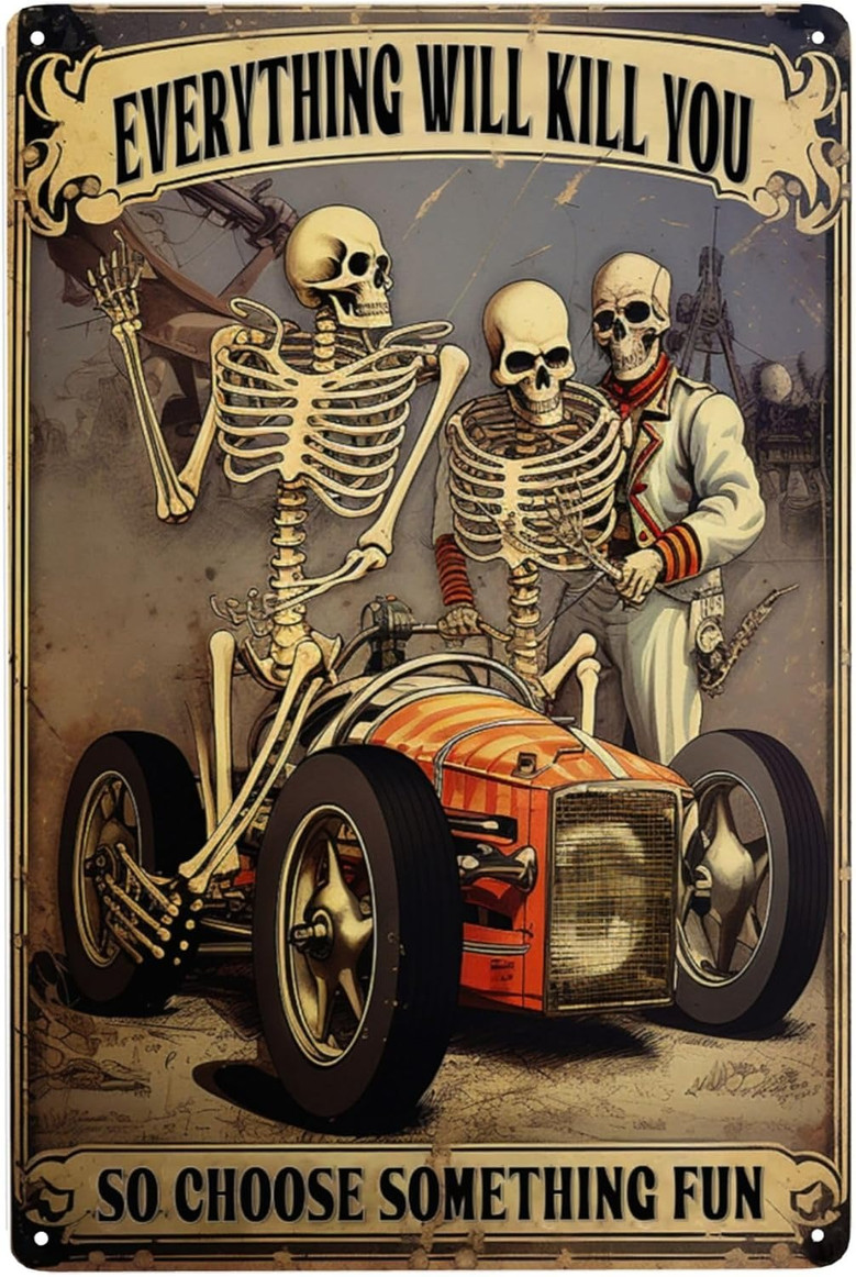 Funny Skeleton Racing Metal Sign - Retro Decor For Home, Bars, And Cafés - Novelty Wall Art