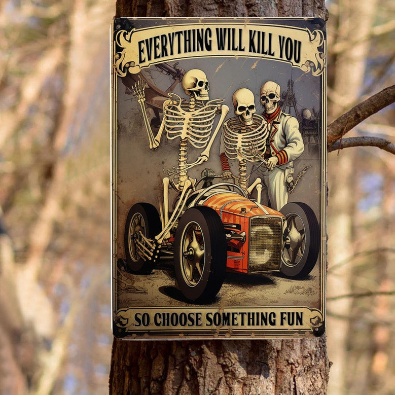 Funny Skeleton Racing Metal Sign - Retro Decor For Home, Bars, And Cafés - Novelty Wall Art