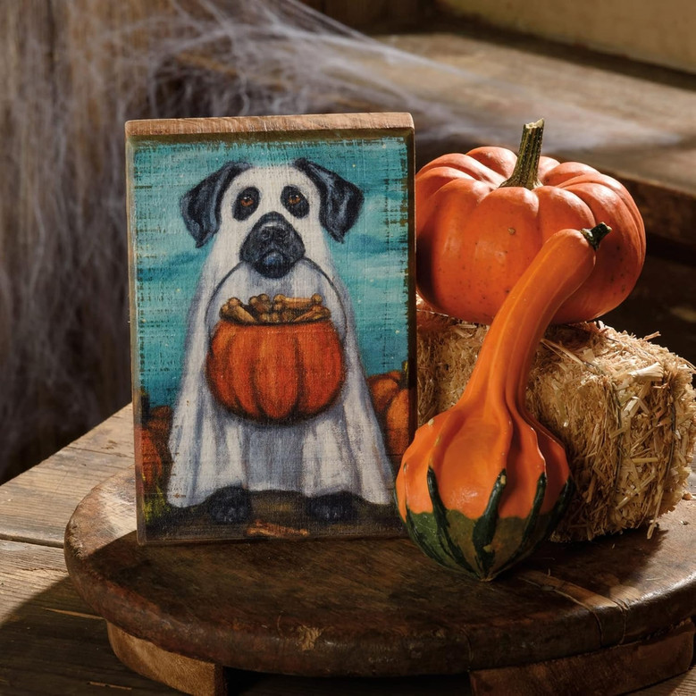 Ghost Dog Wooden Block Sign - Spooky Halloween Decor For Pet Lovers, 6-Inch Rustic Style