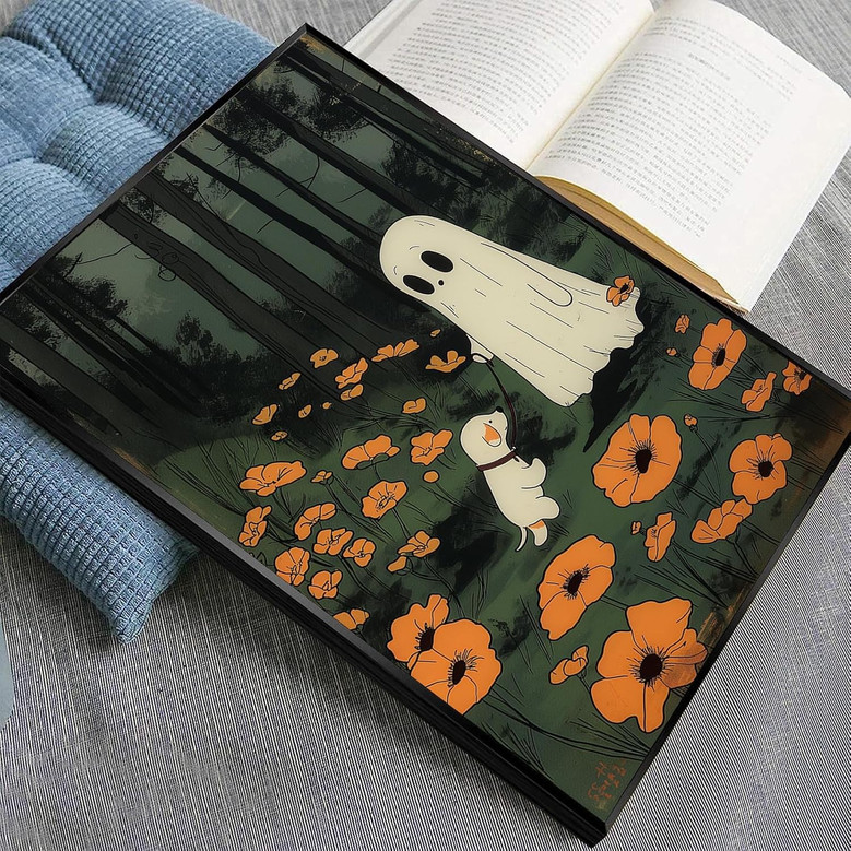 Gothic ghost dog canvas wall art, haunted forest under full moon and black florals, portrait print for bedroom decor