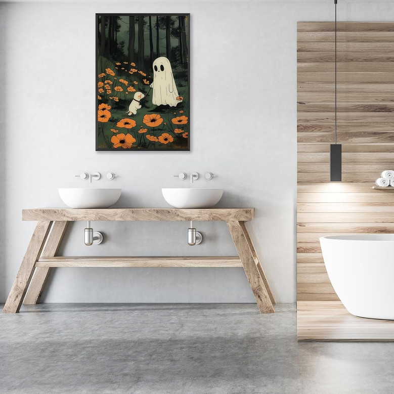 Gothic ghost dog canvas wall art, dark academia with silver-ink florals, square gallery-wrapped print for Halloween decor