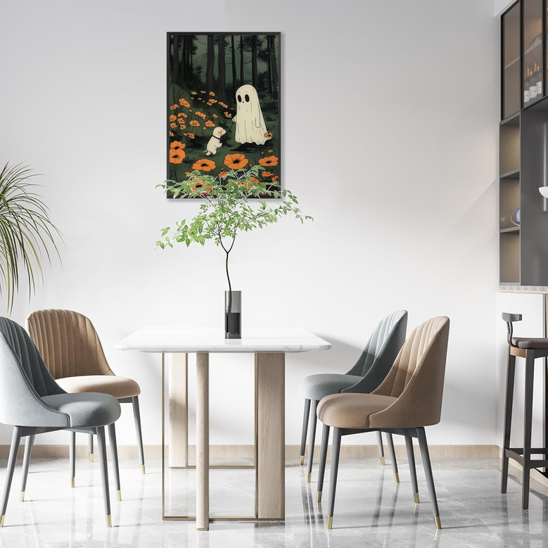 Gothic ghost dog canvas wall art in sepia tones, foggy spruce and baroque floral framing, landscape canvas for dorm decor