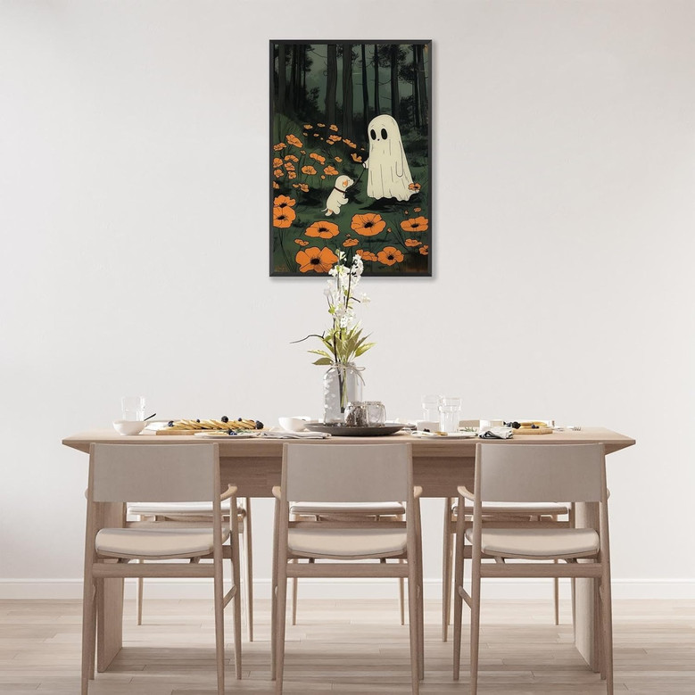 Gothic ghost dog canvas wall art in landscape layout, misty pines and deep purple florals, gallery-wrapped for dorm walls