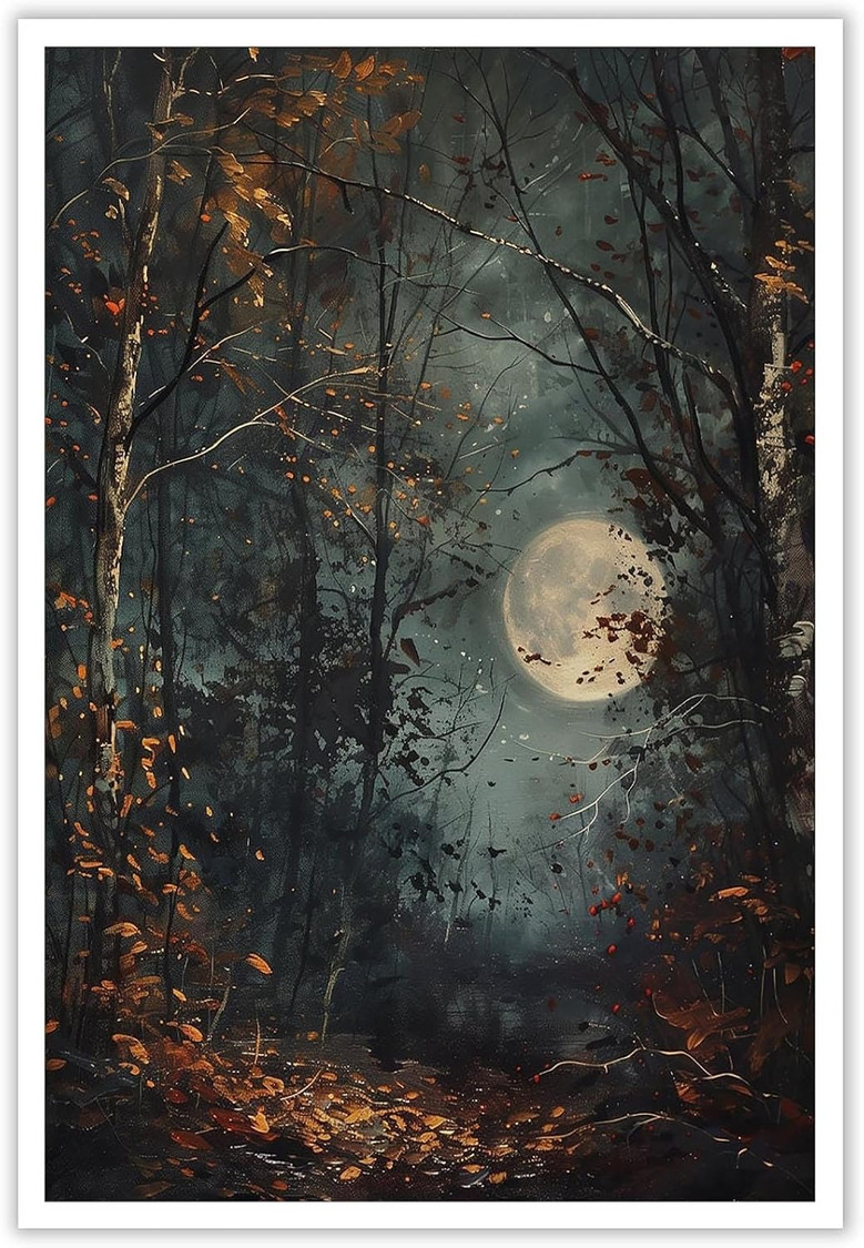 Gothic Dark Academia Canvas - Moody Fall Moon Halloween Art For Family Room