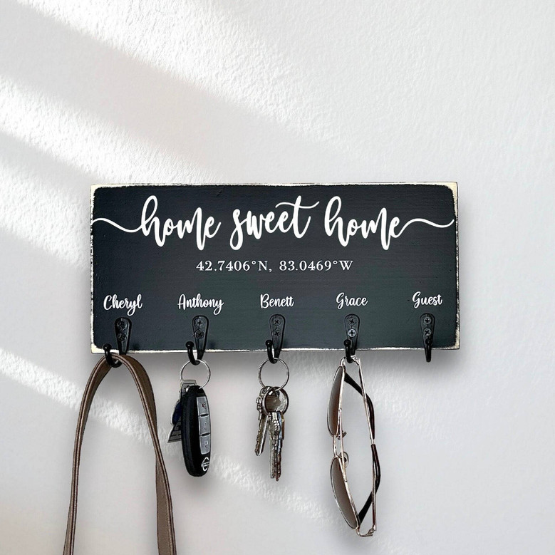 Rustic Home Sweet Home Key Rack - Personalized House Key Holder With Family Name