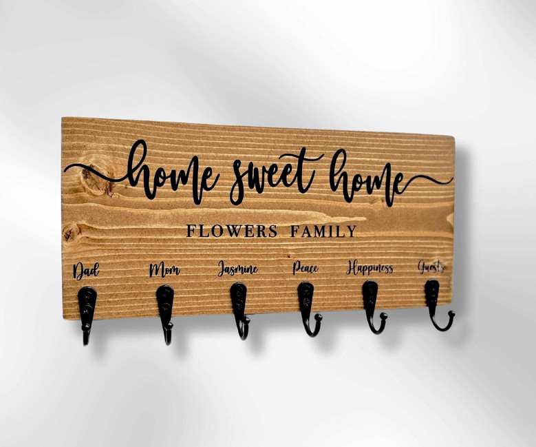 Rustic Home Sweet Home Key Rack - Personalized House Key Holder With Family Name