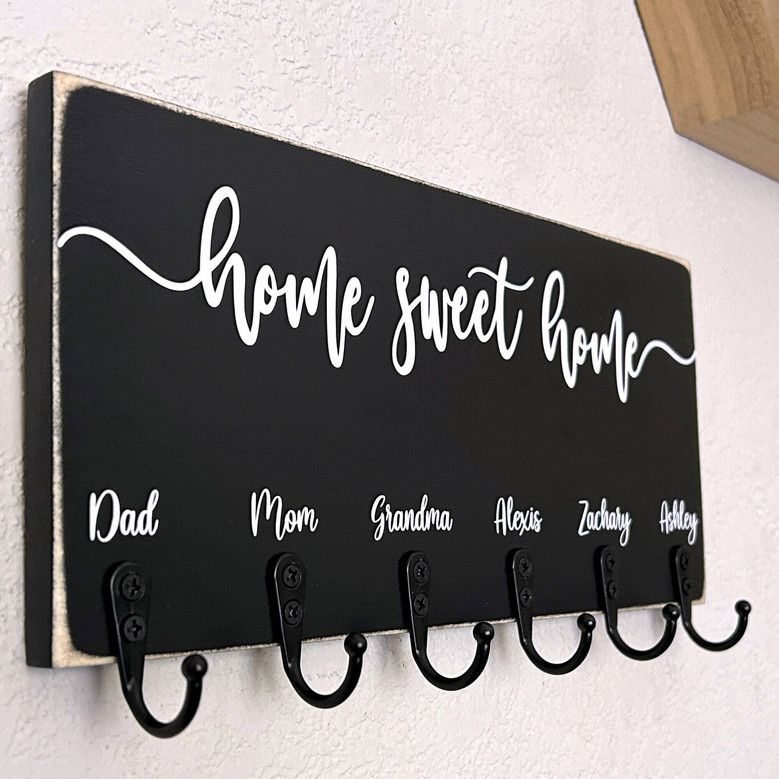 Rustic Home Sweet Home Key Rack - Personalized House Key Holder With Family Name