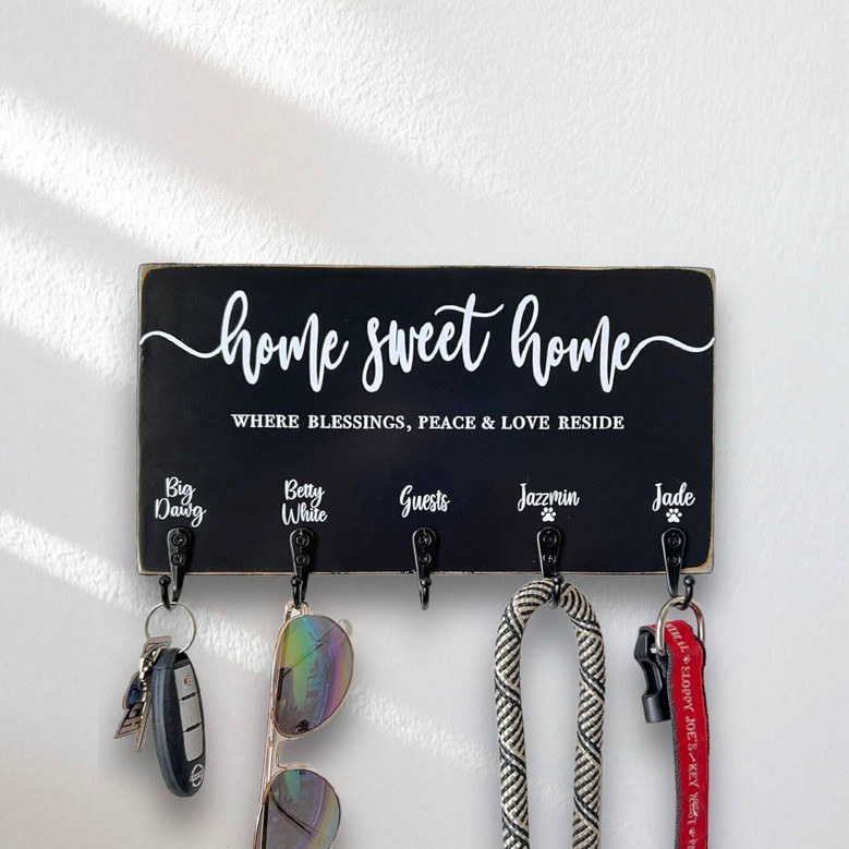 Rustic Home Sweet Home Key Rack - Personalized House Key Holder With Family Name