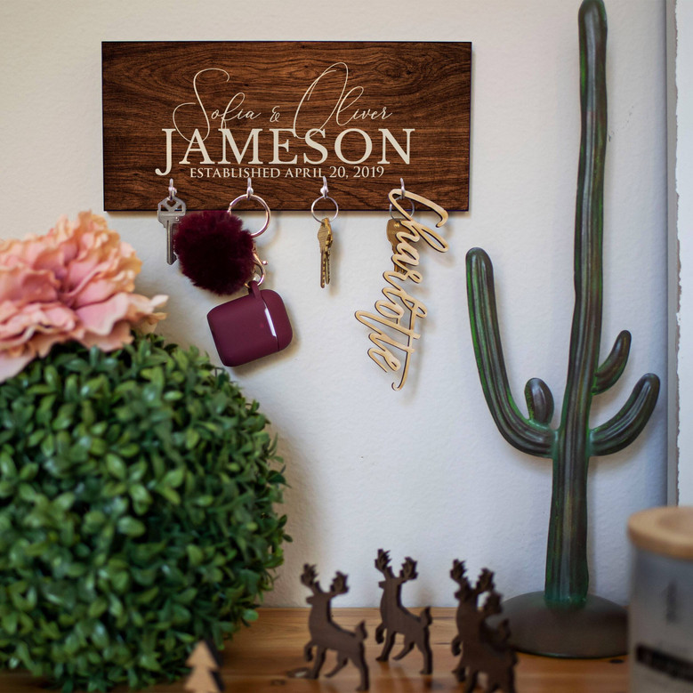 Custom Wooden Key Rack Housewarming Gift For Couples - Personalized With Last Name