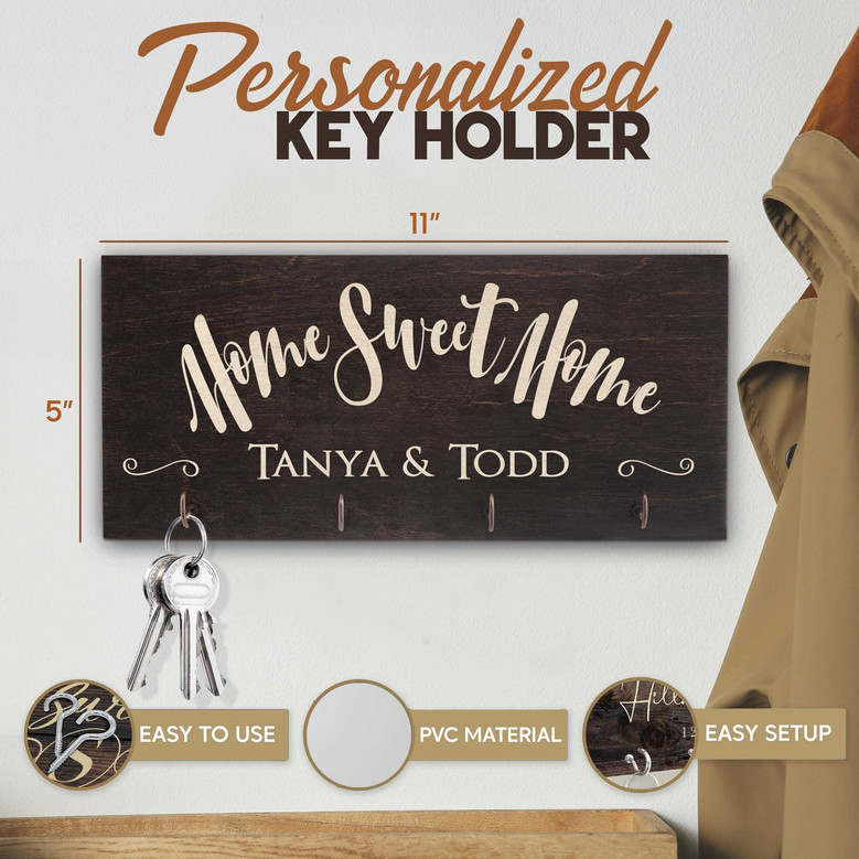 Custom Wooden Key Rack Housewarming Gift For Couples - Personalized With Last Name