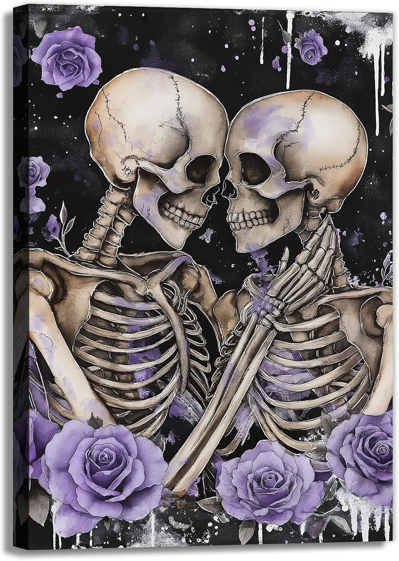 Personalized Skeleton Canvas Wall Art For Couples - Abstract Skeleton Theme For Halloween & Modern Home DéCor
