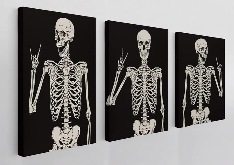 Gothic Skull Skeleton Canvas Wall Art - Rock And Roll Design Set For Bedroom Decor - Skeleton Fans And Halloween Gift