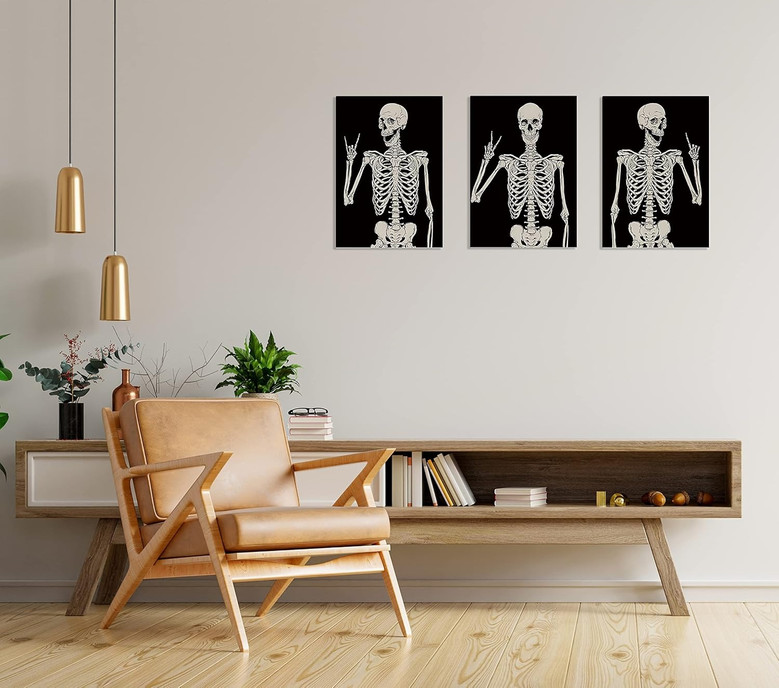 Gothic Skull Skeleton Canvas Wall Art - Rock And Roll Design Set For Bedroom Decor - Skeleton Fans And Halloween Gift
