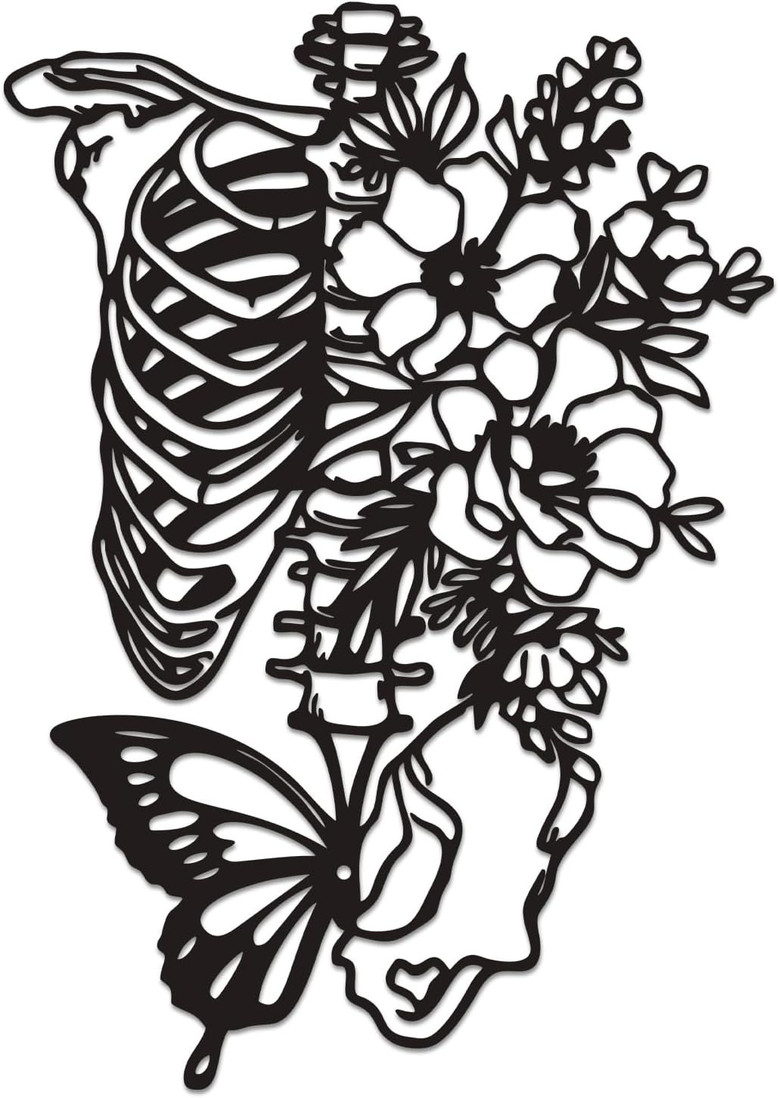 Eclectic Gothic Skeleton Wall Art For Bedroom & Outdoor - Metal Skull With Flowers