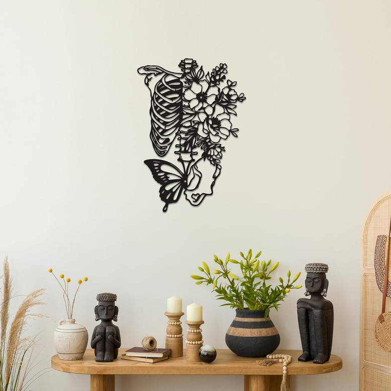Eclectic Gothic Skeleton Wall Art For Bedroom & Outdoor - Metal Skull With Flowers