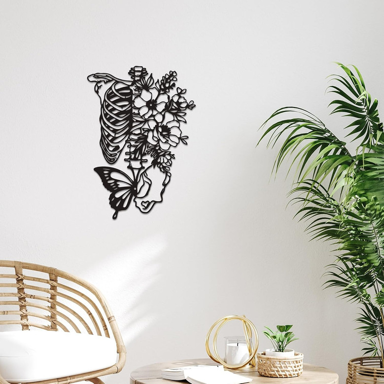 Eclectic Gothic Skeleton Wall Art For Bedroom & Outdoor - Metal Skull With Flowers