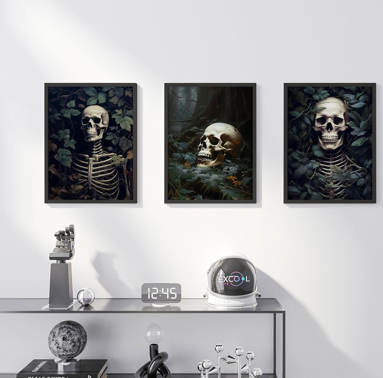 Skeleton wall art canvas, gallery-wrapped, with vintage gothic skull aesthetic, dark cottagecore tones for living room decor