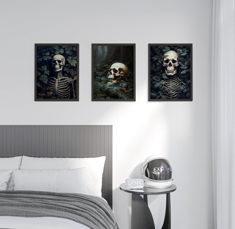 Skeleton wall art poster with vintage gothic skull design, matte finish, sepia tones, landscape orientation for home office