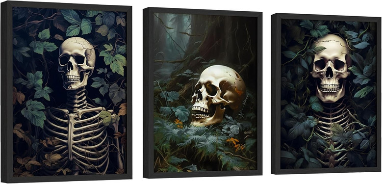 Gothic skull wall art canvas in dark cottagecore aesthetic, stretched canvas print, black and ivory tones for entryway decor