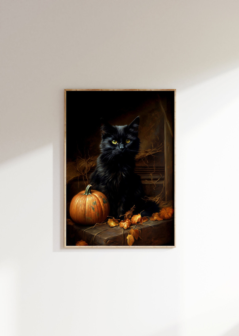 Black cat canvas print, antique dark academia Halloween art in charcoal palette for entryway or study wall decor Black cat canvas print, antique dark academia Halloween art in charcoal palette for entryway or study wall decor
