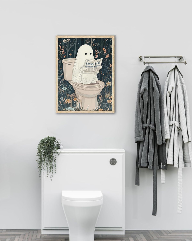 Beige Oak Framed Ghost Halloween Canvas For Aesthetic Bathroom And Bedroom Wall Decor