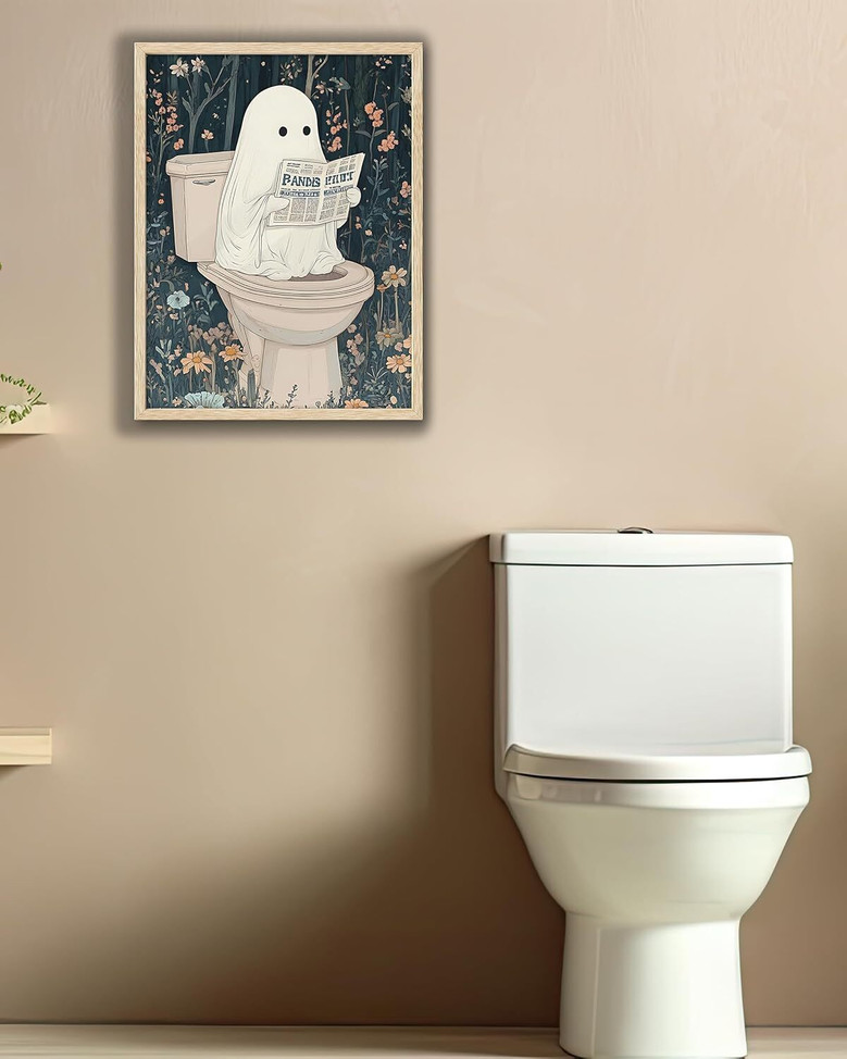Beige Oak Framed Ghost Halloween Canvas For Aesthetic Bathroom And Bedroom Wall Decor