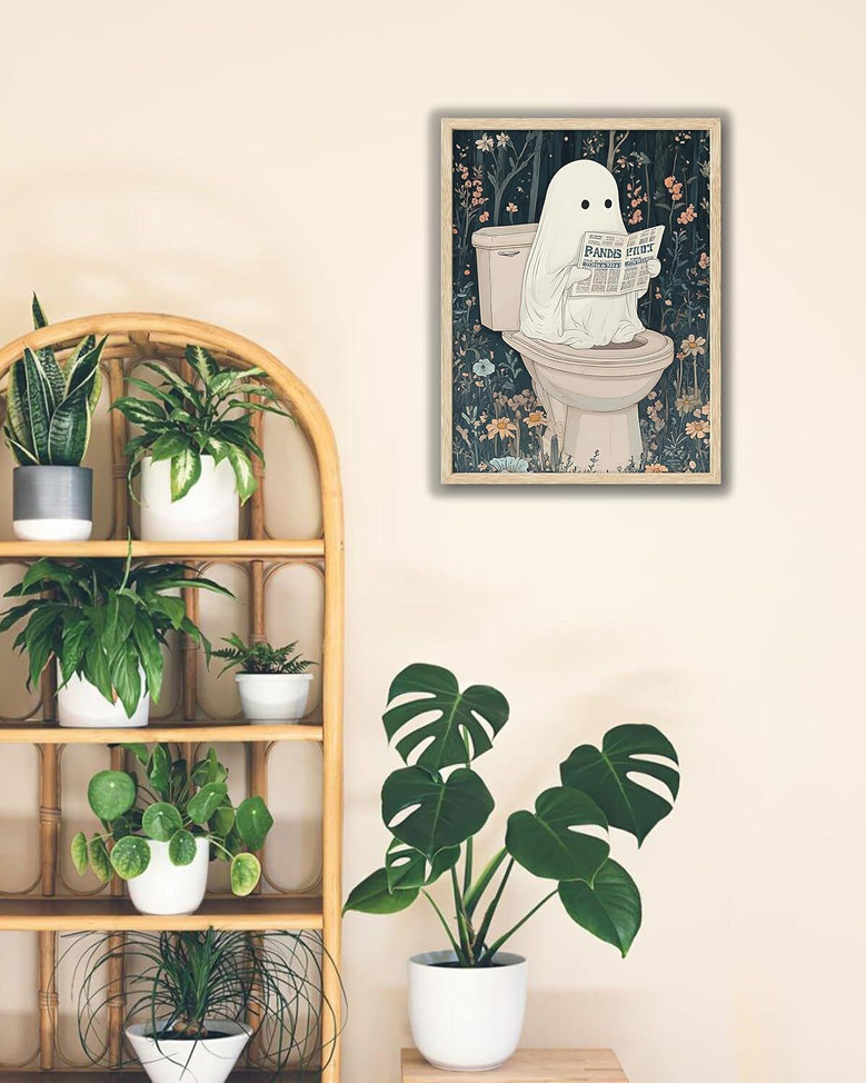 Beige Oak Framed Ghost Halloween Canvas For Aesthetic Bathroom And Bedroom Wall Decor