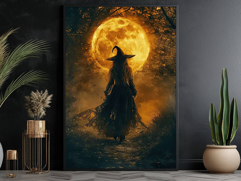 Moon Halloween Witch canvas art, personalized, witch silhouette against full moon, landscape orientation for living room