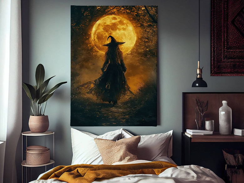 Moon Halloween Witch canvas wall art, personalized names under crescent moon, spooky black-and-orange decor for living room