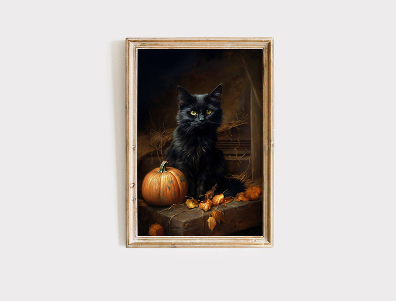 Black Cat Halloween Canvas Print For Spooky Fall Decor - Vintage Dark Academia Wall Art For Autumn