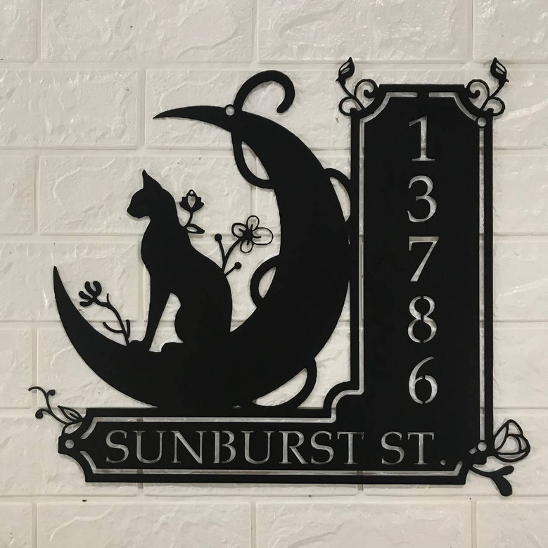 Personalized Black Cat Halloween Outdoor Address Metal Sign LED Light - Cat Lover Gift For Home Decor