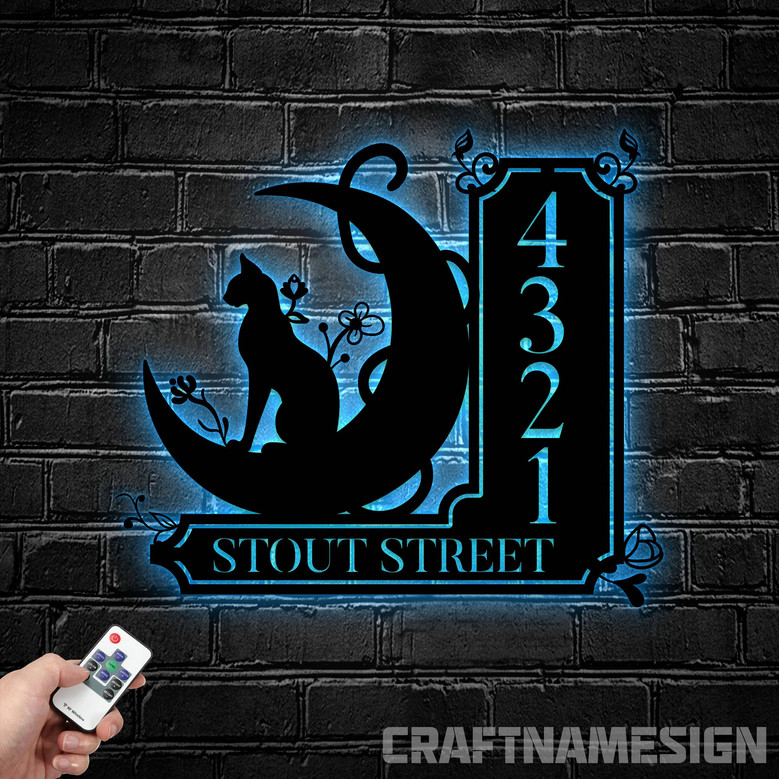 Personalized Black Cat Halloween Outdoor Address Metal Sign LED Light - Cat Lover Gift For Home Decor