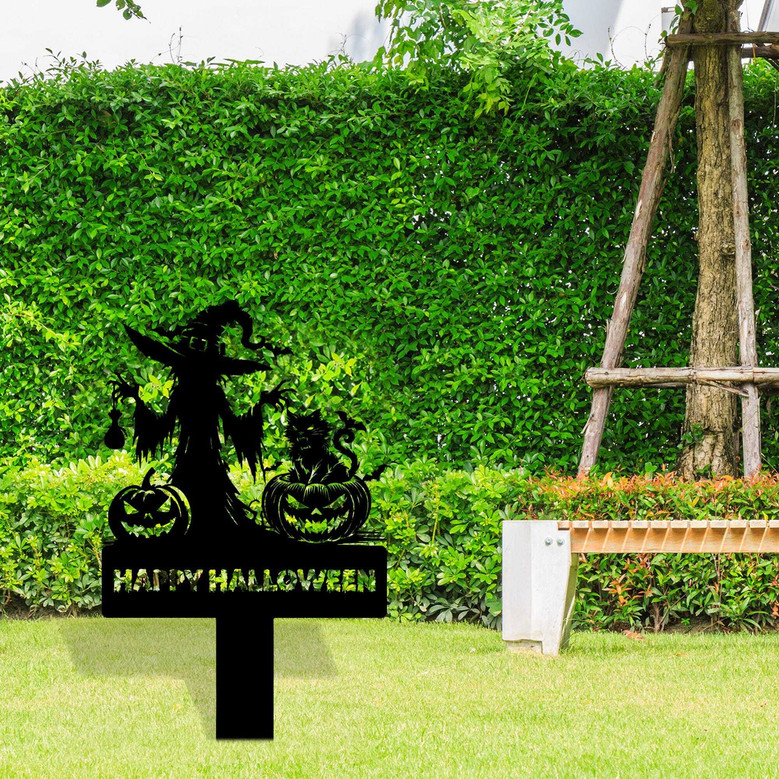 Personalized Black Cat Halloween Metal Sign For Spooky Outdoor DéCor, Custom Witch Hat Pumpkin Design