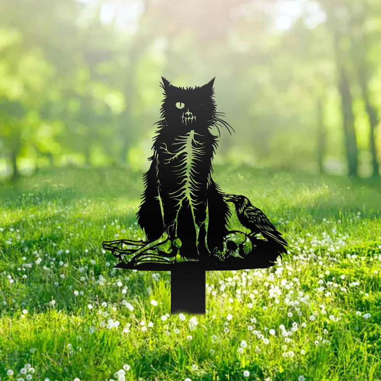 Spooky Black Cat Metal Sign For Halloween Outdoor Decor - Garden Art Stake
